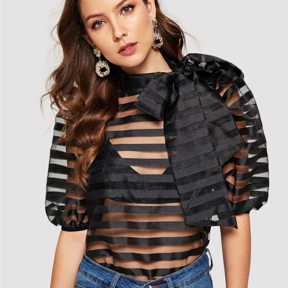 Black Sheer Stripes Bow Top Med
